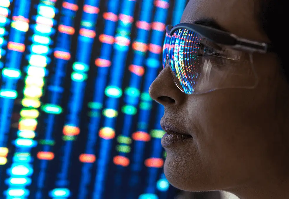 Woman Viewing DNA On Screen Flipped Woman Viewing DNA On Screen Flipped