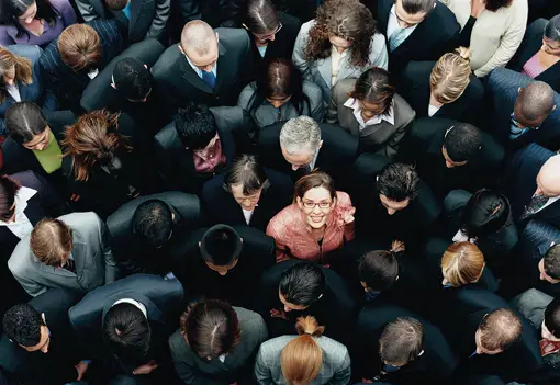Business Woman Looking Up From Crowd Business Woman Looking Up From Crowd